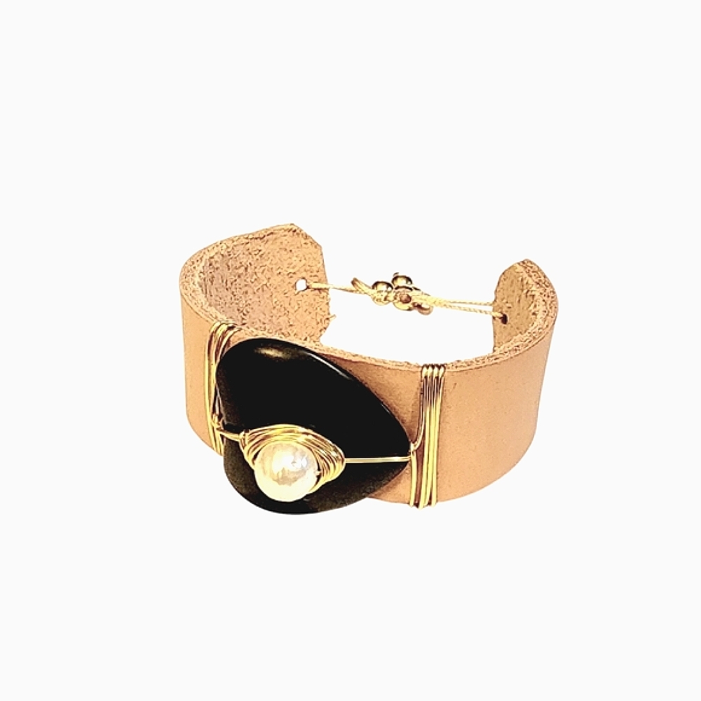 Leather and Black Agate Heart Stone Cuff Bracelet - New